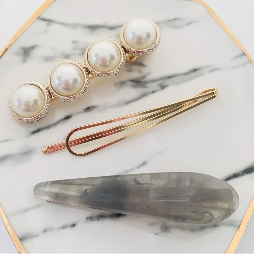 Set of 3 Pearl Gray Marble Gold Hair Pin Barrettes NWT